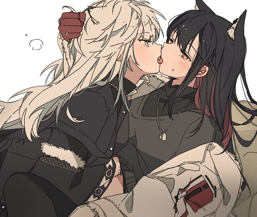 2girls animal_ear_fluff animal_ear_piercing animal_ears arknights black_hair black_jacket black_shirt blue_eyes blush clothes_lift dog_tags ear_piercing extra_ears eye_contact face-to-face french_kiss from_side fur_trim girl_on_top gloves grabbing_another's_hair hair_between_eyes hand_under_clothes holding jacket jewelry kiss lappland_(arknights) long_hair long_sleeves looking_at_another lying messy_hair multicolored_hair multiple_girls necklace on_back open_clothes open_jacket open_mouth piercing profile red_gloves red_hair seri_(vyrlw) shirt shirt_lift simple_background sweatdrop texas_(arknights) tongue tongue_out white_background white_hair white_jacket wolf_ears yellow_eyes yuri