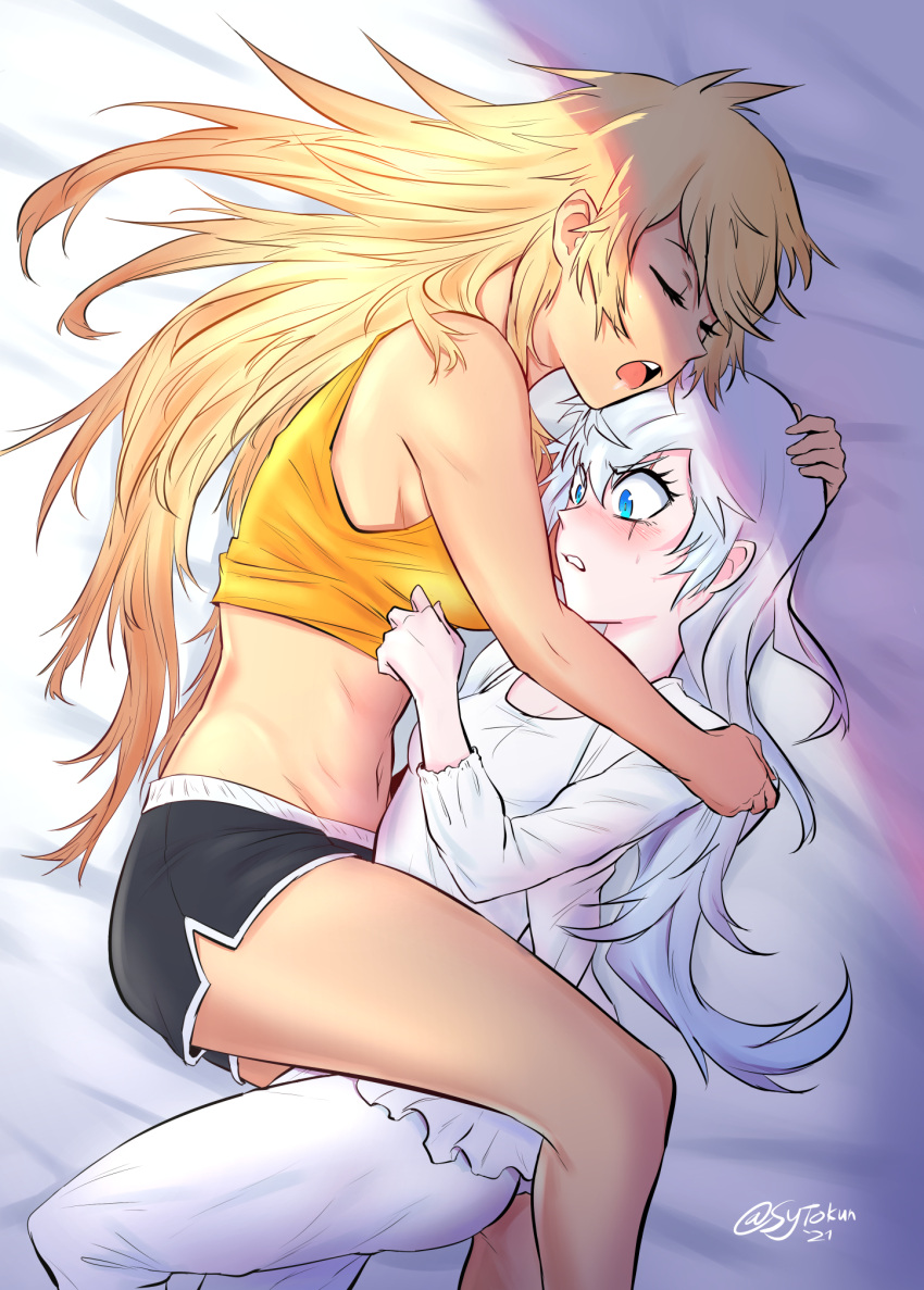 2girls blonde_hair blue_eyes blush breasts closed_eyes commentary dolphin_shorts drooling english_commentary highres hug long_hair lying medium_breasts messy_hair midriff multiple_girls navel on_side pajamas rwby shorts signature sleeping small_breasts sytokun tank_top very_long_hair weiss_schnee white_hair yang_xiao_long yellow_tank_top yuri