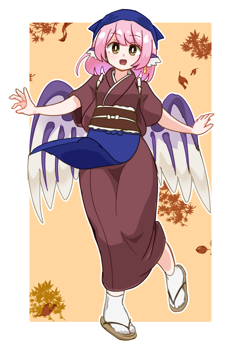 1girl animal_ears be_yu bird_ears bird_wings blue_headwear brown_eyes brown_kimono earrings head_scarf highres japanese_clothes jewelry kimono looking_at_viewer mystia_lorelei okamisty open_mouth pink_hair short_hair short_sleeves single_earring smile socks solo tabi touhou white_socks white_wings wings zouri