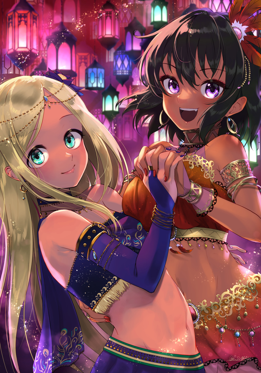 2girls :d absurdres aqua_eyes arm_around_back armlet blonde_hair bracelet bridal_gauntlets brown_hair choker dancer dark-skinned_female dark_skin earrings elbow_gloves fujisaki_subaru gloves highres holding_hands idolmaster idolmaster_cinderella_girls interlocked_fingers jewelry lantern layla_(idolmaster) long_hair looking_at_viewer midriff multiple_girls natalia_(idolmaster) navel parted_bangs purple_eyes short_hair smile teeth upper_teeth_only