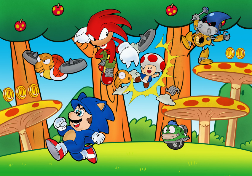 absurd_res anthro clothing costume crossover day echidna footwear fungus gloves grass group handwear hi_res human knuckles_the_echidna machine male mammal mario mario_bros metal_sonic monotreme mushroom nintendo plant robot scottforester17 sega sonic_the_hedgehog sonic_the_hedgehog_(series) toad_(mario) tree