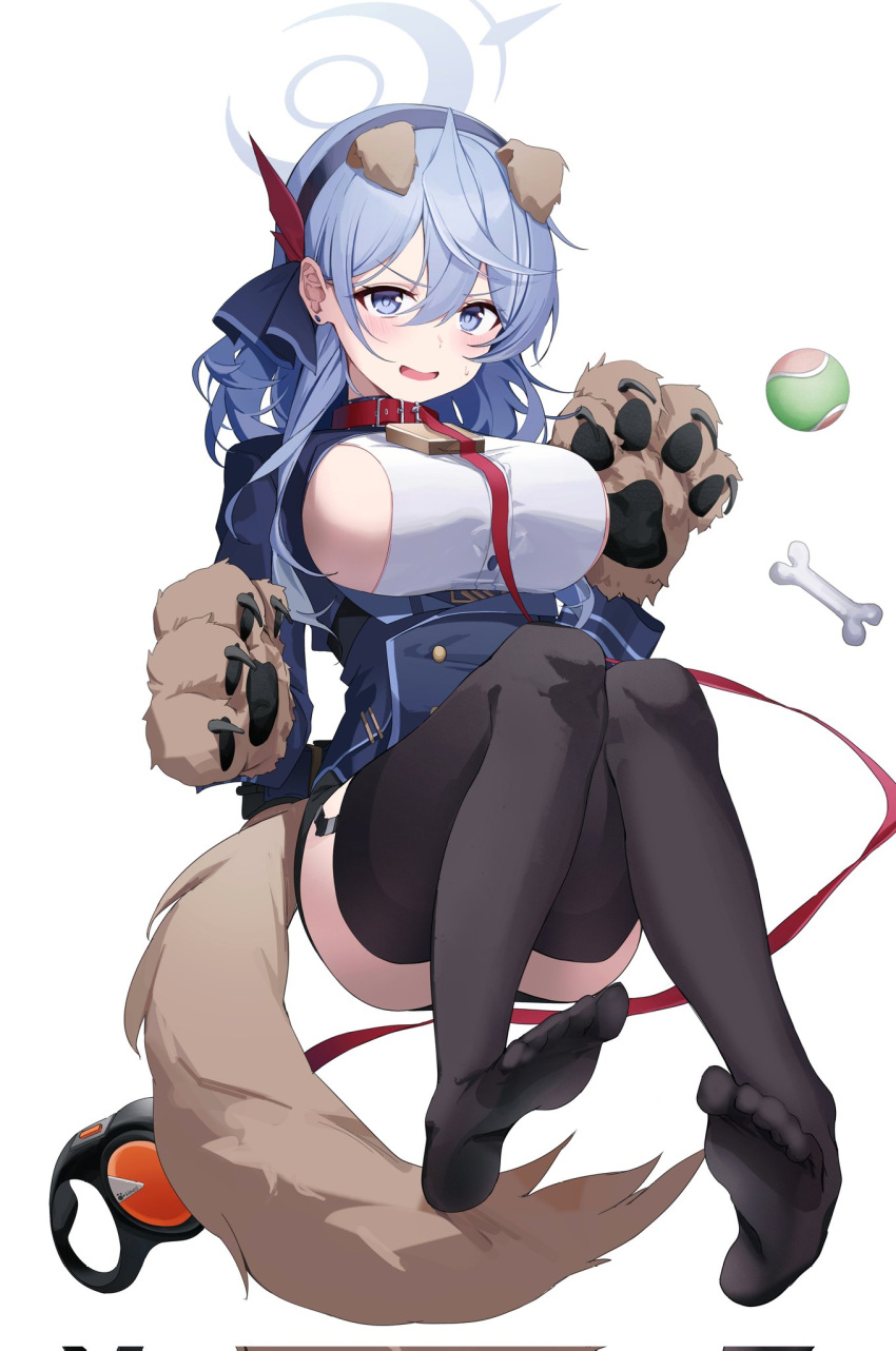1girl ako_(blue_archive) animal_ears ball black_garter_straps blue_archive blue_eyes blue_hair blue_hairband bone breasts dog_ears dog_tail ear_piercing full_body garter_straps gloves hair_between_eyes hairband halo highres large_breasts long_hair looking_at_viewer nagul open_mouth piercing sideboob simple_background sitting solo sweat sweatdrop tail tennis_ball toes white_background