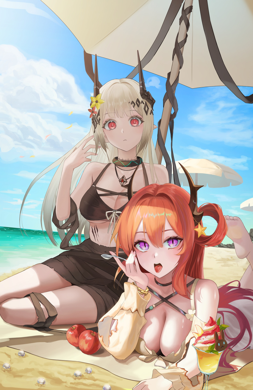2girls apple arknights asymmetrical_hair bandages barefoot beach beach_towel beach_umbrella bikini bikini_top_only black_bandages black_bikini black_choker black_hair blue_sky blush breasts choker cleavage cloud cloudy_sky commentary cup day demon_horns english_commentary expressionless eyelashes feet_out_of_frame flower food foot_out_of_frame fruit grey_hair hair_between_eyes hair_flower hair_intakes hair_ornament hand_in_own_hair highres holding holding_spoon horns ice_cream infection_monitor_(arknights) long_hair looking_at_viewer lying medium_breasts mudrock_(arknights) mudrock_(silent_night)_(arknights) multiple_girls official_alternate_costume on_stomach open_mouth oripathy_lesion_(arknights) outdoors pointy_ears purple_eyes red_eyes red_hair shugo_15 single_hair_ring sitting sky slit_pupils soles spoon star_(symbol) star_hair_ornament sundae surtr_(arknights) surtr_(colorful_wonderland)_(arknights) swimsuit swimsuit_cover-up tongue tongue_out towel umbrella