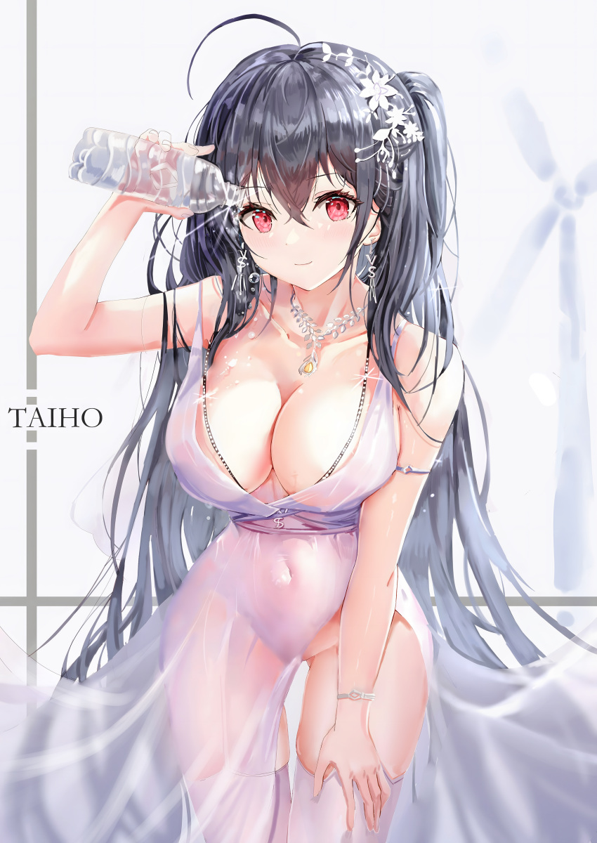 1girl absurdres age_fx ahoge azur_lane black_hair bottle breasts character_name cleavage closed_mouth cocktail_dress covered_navel cowboy_shot dress earrings flower garter_straps glint hair_between_eyes hair_flower hair_ornament hand_on_own_thigh highres holding holding_bottle jewelry large_breasts long_hair looking_at_viewer necklace no_panties official_alternate_costume plunging_neckline pouring pouring_onto_self red_eyes see-through see-through_dress side_slit smile solo taihou_(azur_lane) taihou_(temptation_on_the_sea_breeze)_(azur_lane) thighhighs thighs very_long_hair water_bottle white_flower white_garter_straps white_thighhighs wristband