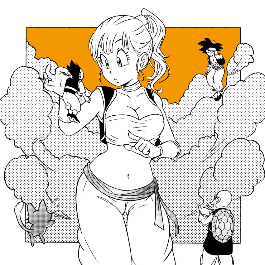 1girl 5boys arabian_clothes baggy_pants bandeau breasts bulma carrying cleavage commentary cropped_vest dragon_ball dragon_ball_(classic) dragon_ball_z floating flying_sweatdrops giant giantess greyscale_with_colored_background highres large_breasts multiple_boys muten_roushi navel oil_lamp pants pink_mousse pointing puar son_goku turtle_shell vegeta vest