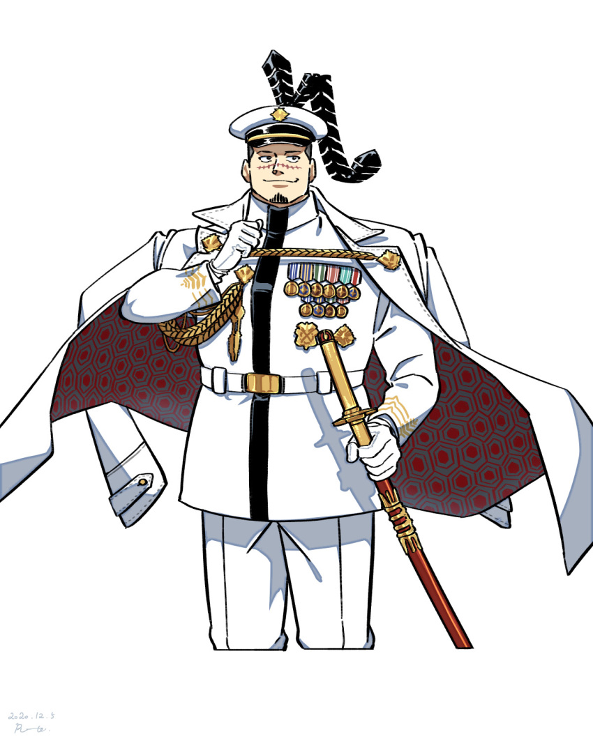 1boy bara belt closed_mouth coat cropped_legs dated facial_hair goatee hat highres holding holding_sword holding_weapon honeycomb_(pattern) katana looking_to_the_side male_focus mature_male medal military military_uniform muscular muscular_male peaked_cap r-te_(restricted_te) scar scar_on_face scar_on_nose short_hair signature smile solo sword tokyo_afterschool_summoners uniform weapon white_belt white_coat white_uniform yoritomo_(housamo)