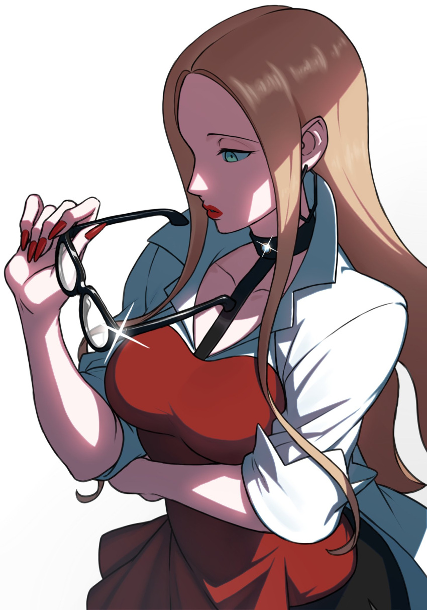 1girl adjusting_eyewear arm_under_breasts bite_addict black_choker black_skirt blonde_hair breasts choker collared_shirt glasses green_eyes hexagon_earrings highres large_breasts long_hair oleana_(pokemon) pokemon pokemon_(game) pokemon_swsh red_lips red_nails shirt short_sleeves skirt two-tone_shirt