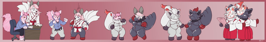 absurd_res anthro canid canine drone fox gender_transformation generation_5_pokemon hi_res hisuian_form hisuian_zorua long_image mammal nintendo pokemon pokemon_(species) regional_form_(pokemon) rubber run_rabbit_bounce short_stack shrinking size_transformation transformation transformation_sequence wide_image zorua