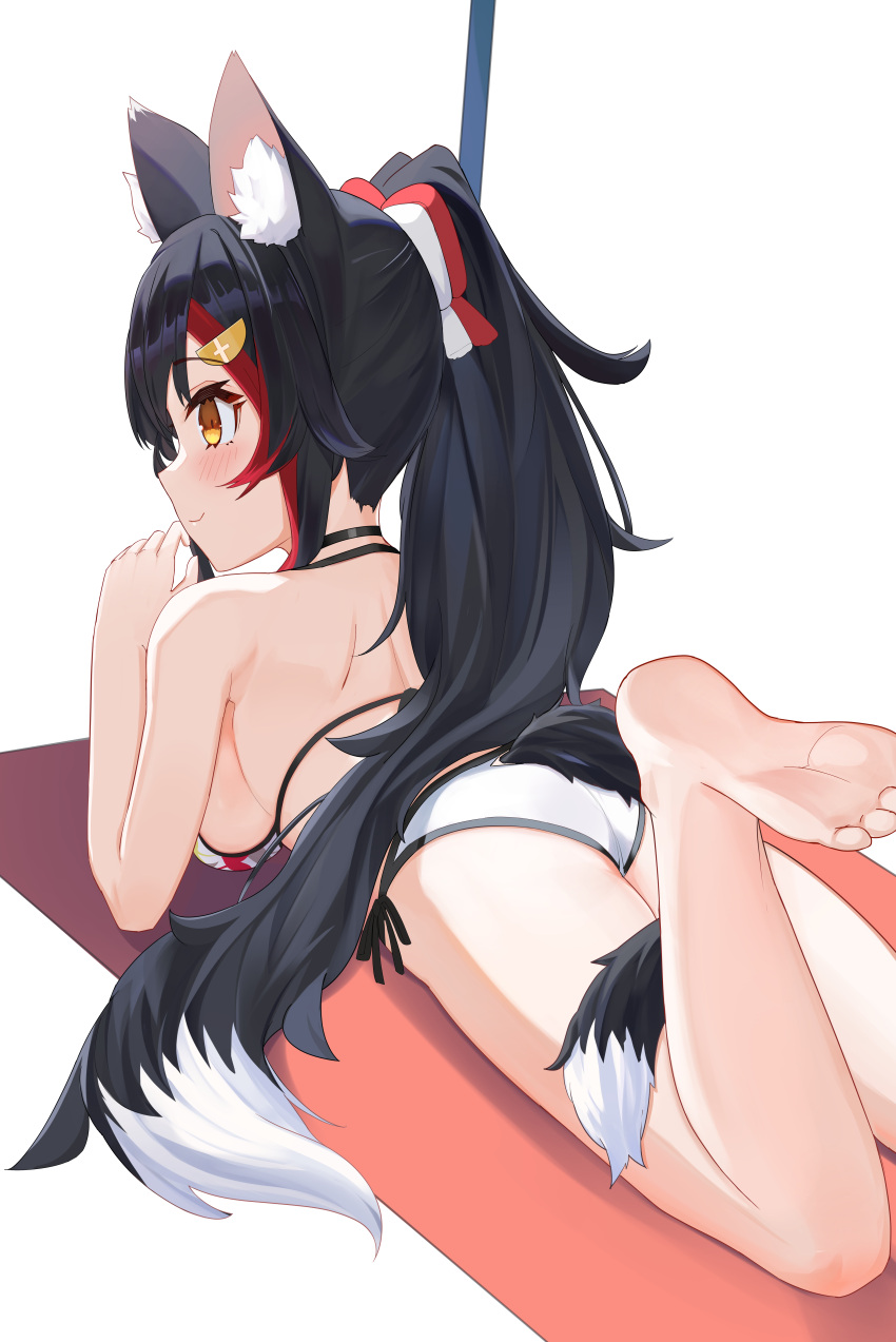 1girl absurdres animal_ear_fluff animal_ears barefoot bikini black_choker black_hair blush braid choker commentary_request feet foot_out_of_frame foot_up hair_between_eyes highres hololive long_hair lying multicolored_hair oksuri on_stomach ookami_mio ponytail red_hair sidelocks single_braid soles solo streaked_hair swimsuit tail toes virtual_youtuber white_bikini wolf_ears wolf_girl wolf_tail yellow_eyes