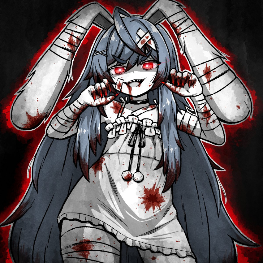 1girl ahoge animal_ears aura bandages black_background black_choker black_ribbon blood blood_from_mouth blood_in_hair blood_on_arm blood_on_bandages blood_on_clothes blood_on_face blood_on_hands blood_stain blue_hair choker claw_pose cowboy_shot dress fingernails frilled_dress frills glowing glowing_eyes hair_between_eyes hair_ornament highres indie_virtual_youtuber light_blue_hair lop_rabbit_ears morebreasts para_(vtuber) pom_pom_(clothes) rabbit_ears red_eyes red_nails ribbon sharp_fingernails sharp_teeth short_dress spaghetti_strap teeth tsurime virtual_youtuber white_dress x_hair_ornament