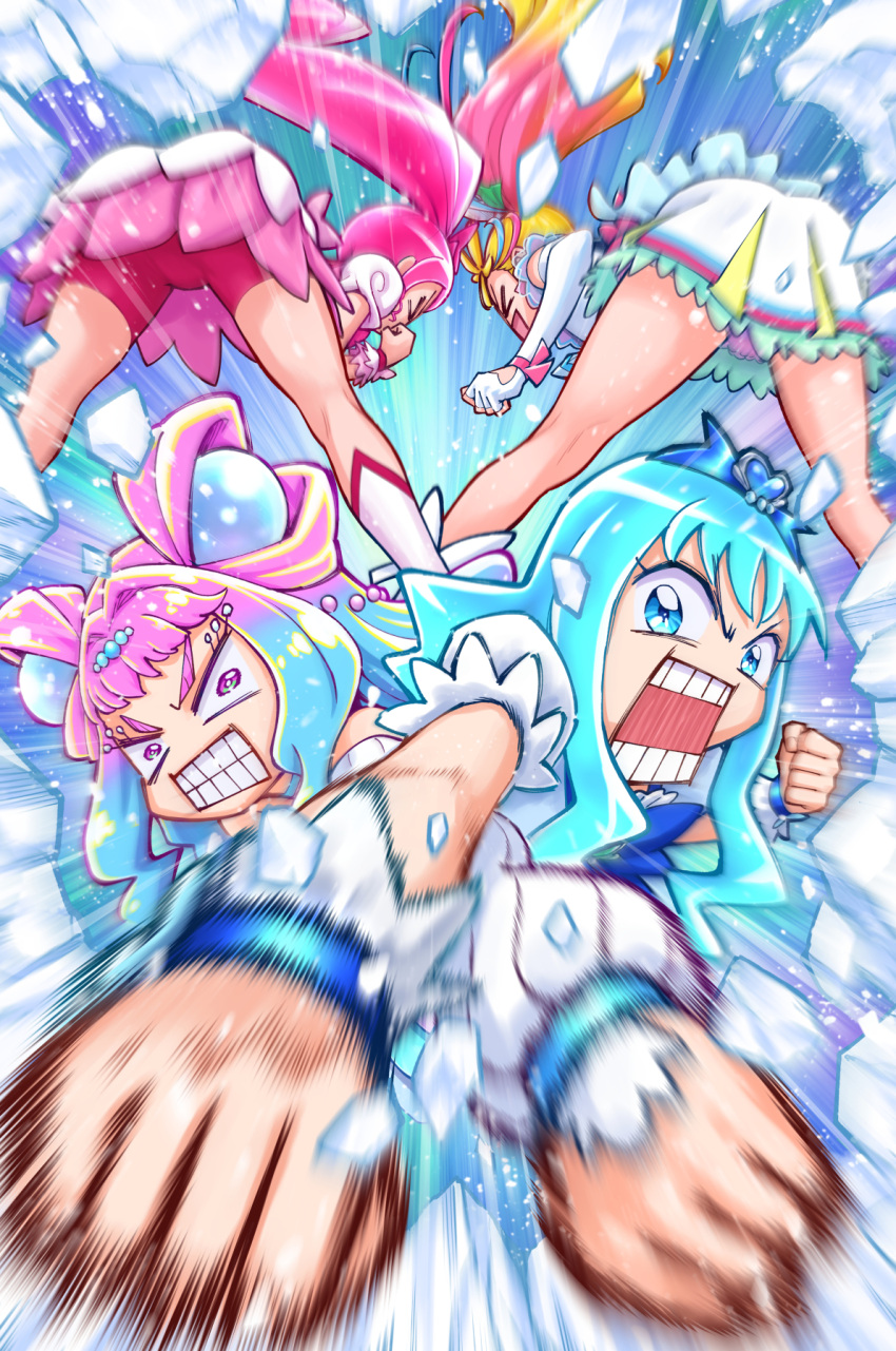 &gt;_&lt; 4girls :d angry bike_shorts blonde_hair blue_eyes blue_hair blue_headwear clenched_hands cure_blossom cure_marine dress elbow_gloves eyelash_ornament frilled_cuffs frown gloves gradient_hair grimace hair_intakes hanasaki_tsubomi heartcatch_precure! highres ice itou_shin'ichi kneepits kurumi_erika laura_la_mer leaning_forward long_hair long_sleeves miniskirt motion_blur multicolored_hair multiple_girls natsuumi_manatsu open_mouth pearl_hair_ornament pink_dress pink_eyes pink_hair pink_shorts pleated_skirt ponytail precure puffy_short_sleeves puffy_sleeves punching series_connection shirt short_sleeves shorts shorts_under_dress side_ponytail skirt sleeveless sleeveless_shirt smile spread_legs standing tiara tropical-rouge!_precure upskirt v-shaped_eyebrows v-shaped_eyes very_long_hair white_gloves white_shirt white_skirt