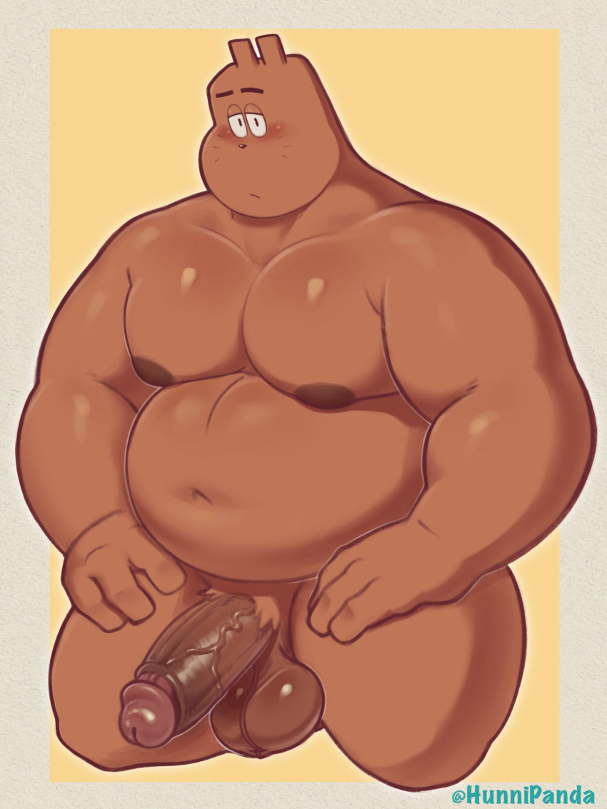 anthro balls barazoku belly big_balls big_belly big_penis blush brown_body brown_fur chubby_anthro chubby_male digital_media_(artwork) erection fur genitals hands_on_legs hands_on_thighs hi_res humanoid_genitalia humanoid_penis hunnipanda kneeling lagomorph leporid looking_at_viewer male mammal navel nipples nude outline overweight overweight_anthro overweight_male pecs penis rabbit simple_background small_ears solo solo_focus thick_thighs vein veiny_penis watermark