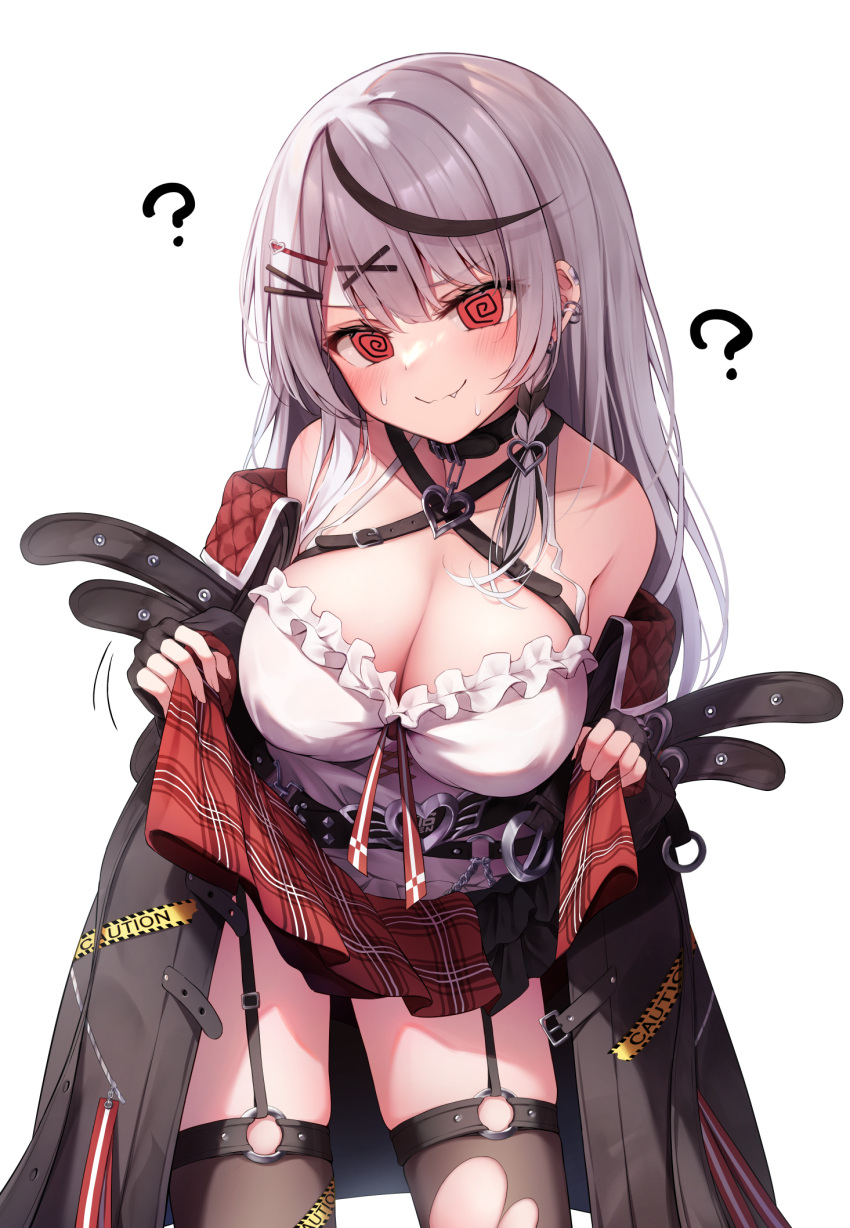 1girl ? @_@ black_hair breasts cleavage closed_mouth clothes_lift commentary_request fang garter_straps grey_hair hair_ornament highres hololive large_breasts lifted_by_self long_hair looking_at_viewer multicolored_hair plaid plaid_skirt red_eyes red_skirt sakamata_chloe sakamata_chloe_(1st_costume) shishou_(doragyurosu) simple_background skirt skirt_lift smile solo standing streaked_hair thighs virtual_youtuber white_background x_hair_ornament