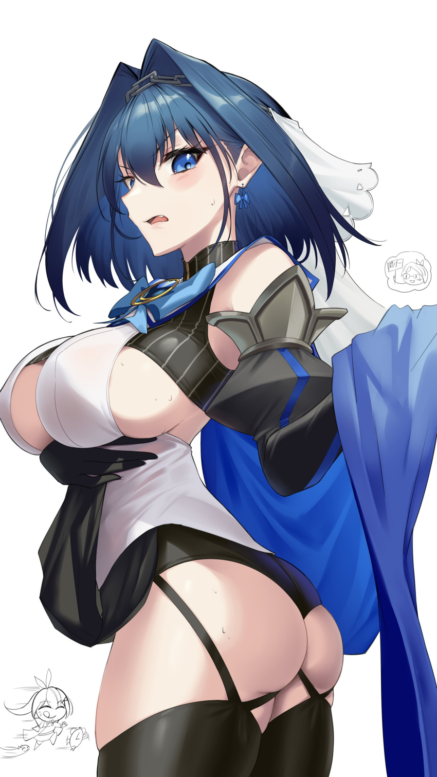 1girl absurdres ass black_gloves black_panties black_thighhighs blue_bow blue_cape blue_eyes bow bow_earrings breasts cape clothes_lift detached_sleeves earrings fang gloves hair_intakes head_chain highres hololive hololive_english jewelry large_breasts open_mouth ouro_kronii panties short_hair skirt skirt_lift somebody_(leiking00) sweat thighhighs twisted_torso underwear v-shaped_eyebrows virtual_youtuber white_veil
