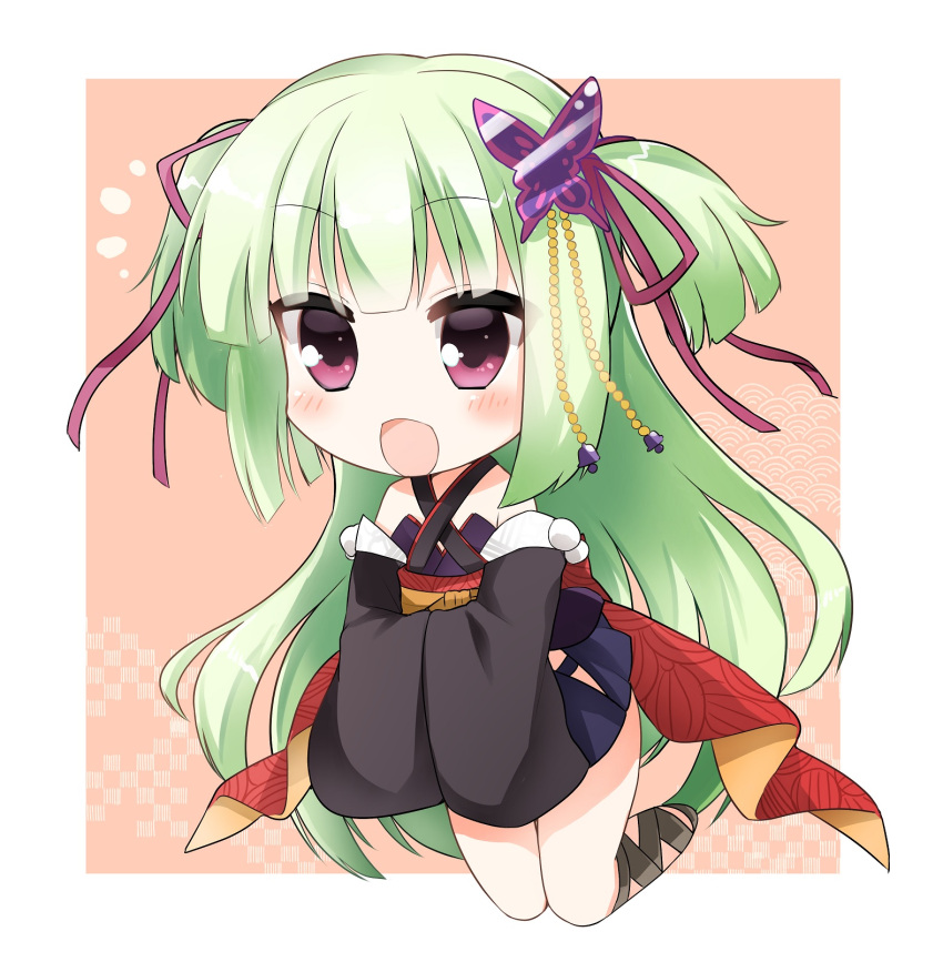 1girl :d bare_shoulders black_kimono blunt_bangs blunt_ends blush border chibi commentary_request criss-cross_halter cross-laced_footwear detached_sleeves floating_hair green_hair hair_ribbon halterneck highres hime_cut japanese_clothes kimono long_hair long_ribbon long_sleeves looking_afar midair murasame_(senren) notice_lines open_mouth own_hands_together pink_background pom_pom_(clothes) purple_ribbon red_eyes red_sash ribbon sash senren_banka short_kimono sidelocks simple_background smile solo straight_hair takepoison two_side_up very_long_hair white_border wide_sleeves