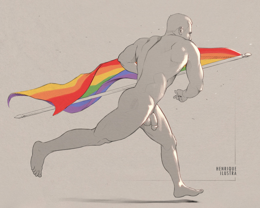 1boy absurdres artist_name ass bara completely_nude flaccid flag henrique_ilustra highres holding holding_flag large_pectorals lgbt_pride male_focus muscular muscular_male nude original pectorals penis pride_month rainbow_flag short_hair simple_background solo testicles thick_thighs thighs