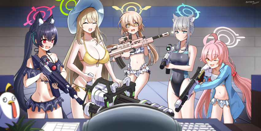 1boy 5girls :d ;3 ;d @_@ ^_^ ahoge aiming android_(blue_archive) assault_rifle beretta_1301 beretta_ar70/90 bikini black_hair black_one-piece_swimsuit blue_archive blue_eyes blue_jacket blurry bow breasts brown_hair bullpup cleavage closed_eyes commentary_request competition_school_swimsuit depth_of_field extra_ears frilled_bikini frills gatling_gun grey_hair gun hair_between_eyes hair_bobbles hair_bow hair_ornament hair_ribbon halo hat hifumi_(blue_archive) hifumi_(swimsuit)_(blue_archive) highres holding holding_gun holding_weapon hoshino_(blue_archive) hoshino_(swimsuit)_(blue_archive) indoors jacket jetihyeon l85 large_breasts long_hair looking_at_viewer m134_minigun medium_hair multiple_girls navel nonomi_(blue_archive) nonomi_(swimsuit)_(blue_archive) numbered official_alternate_costume one-piece_swimsuit one_eye_closed open_clothes open_jacket peroro_(blue_archive) pink_hair red_eyes ribbon rifle robbery school_swimsuit serika_(blue_archive) serika_(swimsuit)_(blue_archive) shiroko_(blue_archive) shiroko_(swimsuit)_(blue_archive) side-tie_bikini_bottom sidelocks sig_556 sleeveless smile stomach sun_hat swimsuit two-tone_swimsuit weapon white_bikini yellow_bikini yellow_eyes