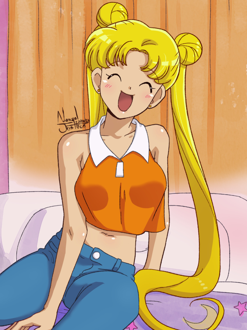 1girl bed bishoujo_senshi_sailor_moon blonde_hair breasts denim double_bun earrings hair_bun highres jeans jewelry large_breasts nanaeljustice navel open_mouth pants sitting smile tsukino_usagi twintails