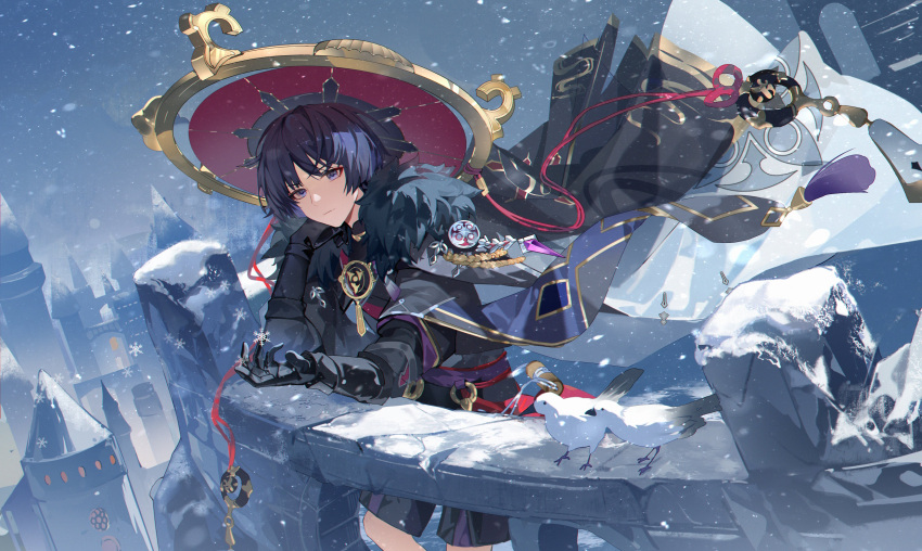 1boy absurdres black_gloves chinese_commentary coat fur_trim genshin_impact gloves hat highres leleyoukuailele male_focus outdoors purple_eyes red_eyeliner scaramouche_(genshin_impact) short_hair snow solo standing upper_body