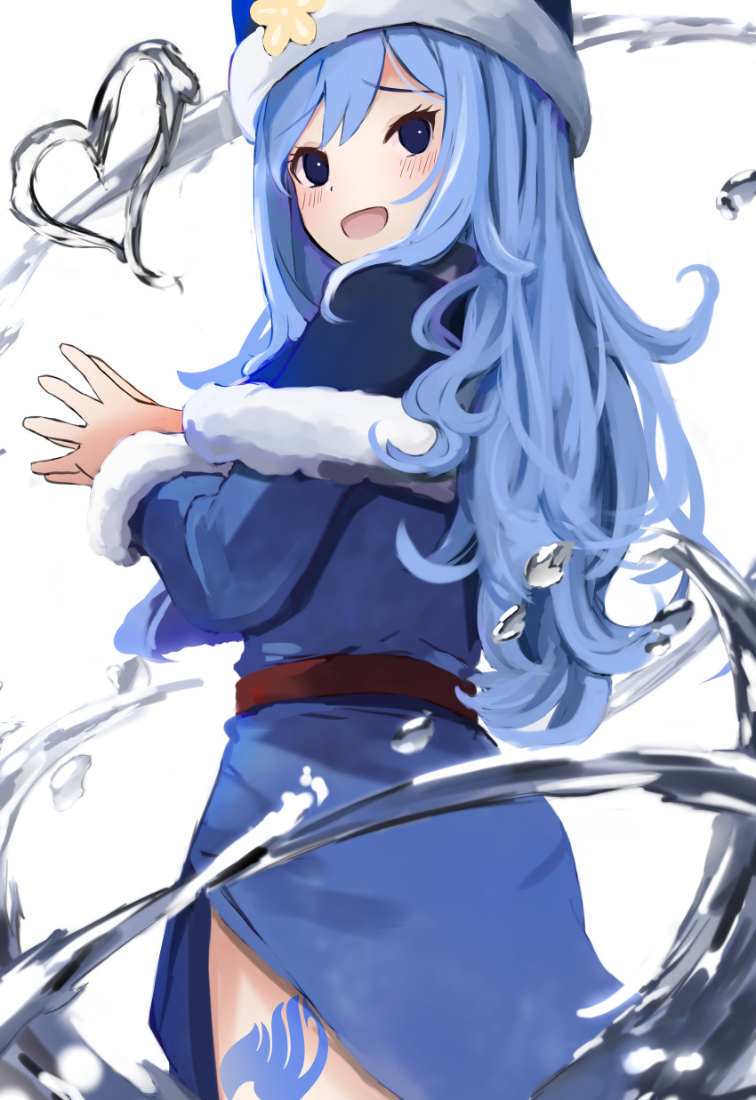 1girl :d absurdres belt blue_eyes blue_hair blue_headwear blue_jacket blush brown_belt capelet cowboy_shot fairy_tail from_side fur-trimmed_capelet fur_trim heart highres it_ai jacket juvia_lockser leg_tattoo long_hair long_sleeves open_mouth smile solo tattoo white_background