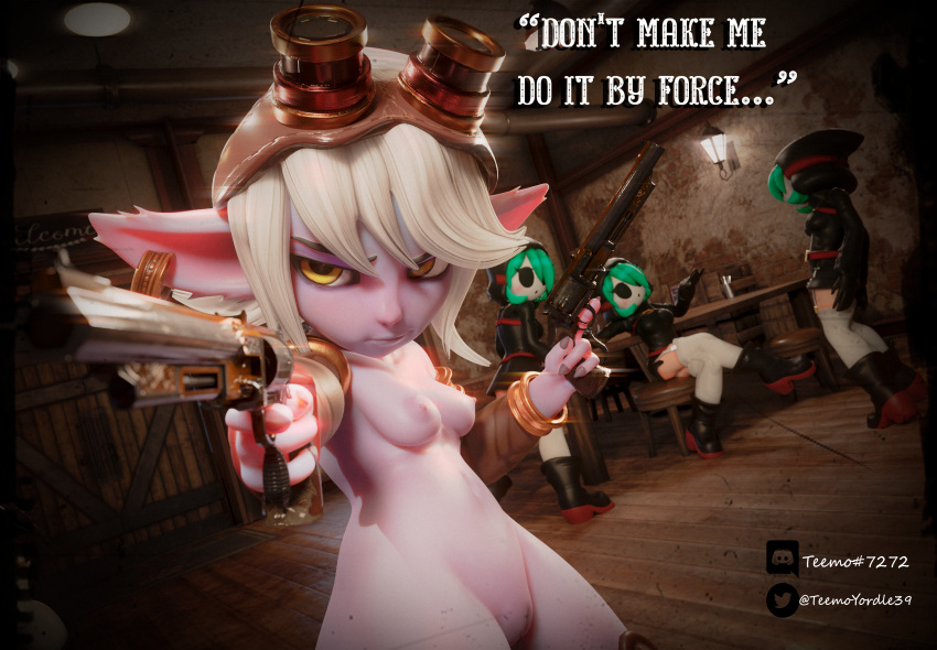 absurd_res action_pose anthro breasts cinematic female genitals group gun hair hi_res league_of_legends long_ears mario_bros nintendo pose poster purple_body pussy ranged_weapon riot_games short_stack shyguy teemoty thick_thighs tristana_(lol) weapon white_hair yordle