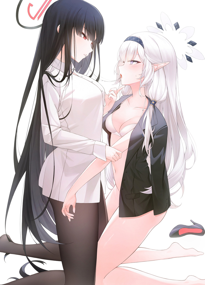 2girls after_kiss black_hair blue_archive blush breasts collarbone eye_contact facing_another grey_hair hair_ornament hair_tubes hairband halo highres himari_(blue_archive) infinity_(kkx132) jacket kneeling large_breasts long_hair long_sleeves looking_at_another medium_breasts multiple_girls pantyhose pointy_ears red_eyes rio_(blue_archive) saliva saliva_trail shoes shoes_removed simple_background sweat thighs tongue tongue_out very_long_hair white_background white_hair yuri