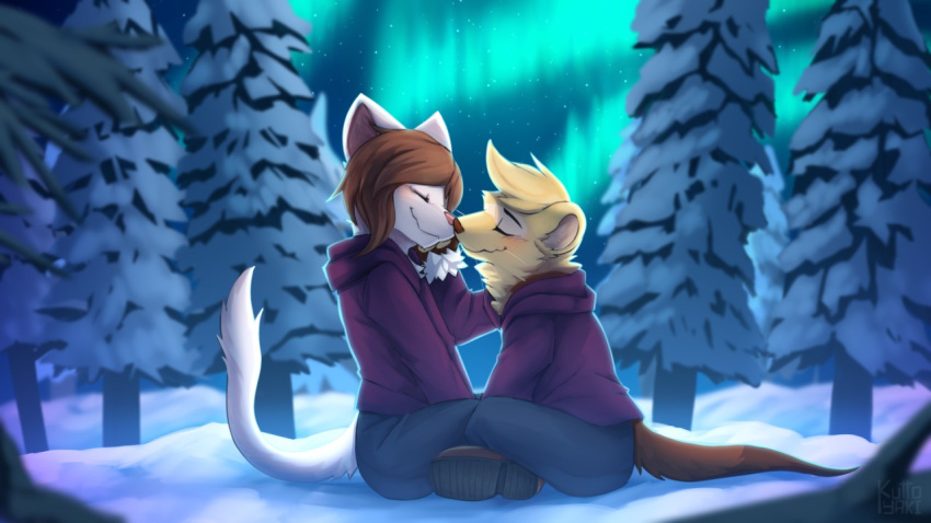 16:9 anthro anthro_on_anthro artist_name blonde_hair blue_bottomwear blue_clothing blue_pants blush bottomwear brown_body brown_fur brown_hair brown_tail closed_smile clothed clothing duo eyes_closed female fur hair imminent_kiss kuttoyaki male male/female mammal mouth_closed mustelid otter pants plant purple_clothing purple_topwear romantic romantic_couple side_view sitting species_request tail topwear tree white_body white_fur white_tail widescreen yellow_body yellow_fur