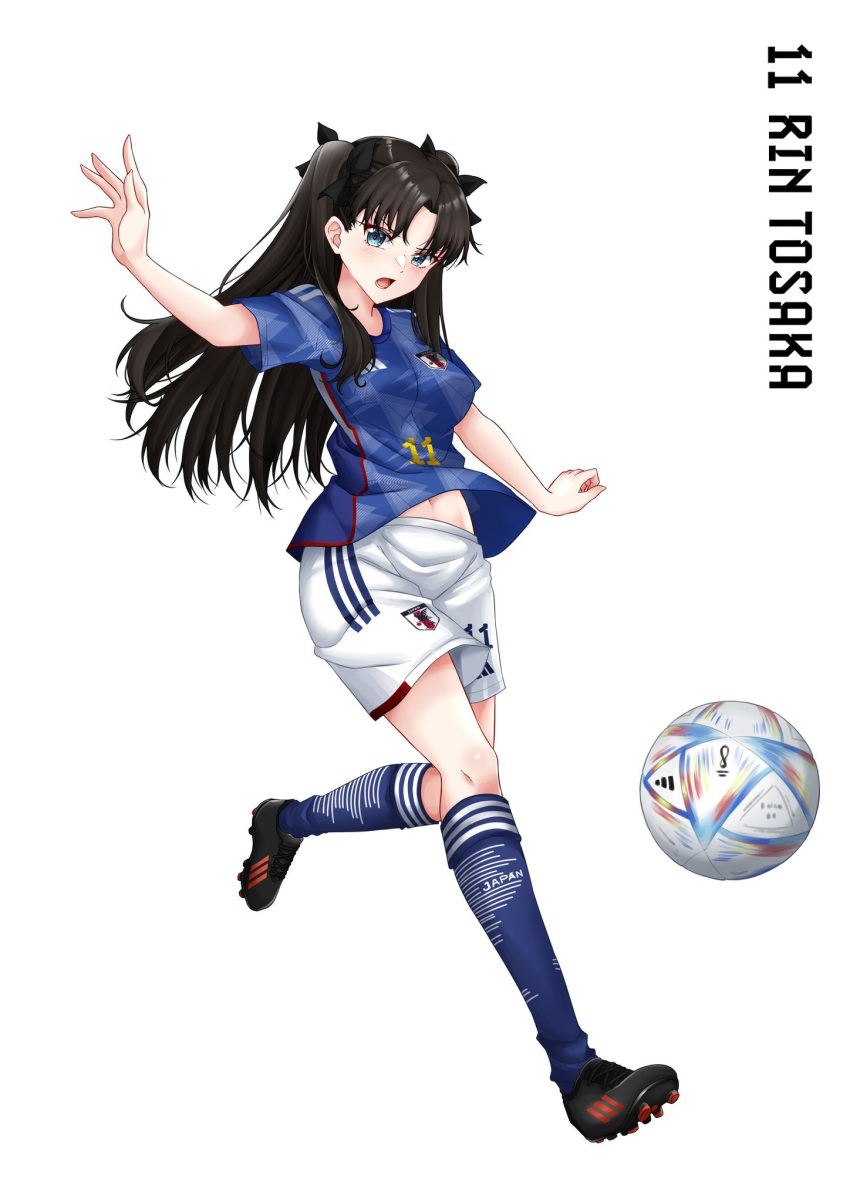 1girl ball black_footwear black_hair black_ribbon blue_eyes blue_shirt blue_socks character_name commission fate/stay_night fate_(series) full_body hair_ribbon hand_up highres kicking kneehighs long_hair looking_at_viewer midriff_peek navel open_mouth ribbon rynn_(darknescorez) second-party_source shirt shoes short_sleeves shorts simple_background sneakers soccer_ball soccer_uniform socks solo sportswear tohsaka_rin two_side_up white_background white_shorts