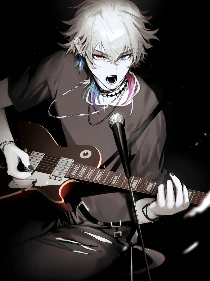 1boy absurdres artist_request belt black_background black_belt black_choker black_nails black_pants blue_eyes bracelet choker gavis_bettel grey_hair guitar hair_between_eyes heterochromia highres holding holding_plectrum holostars holostars_english instrument jewelry looking_at_viewer medium_hair microphone music nail_polish necklace open_mouth pants piercing pink_eyes pink_hair playing_instrument plectrum singing solo spotlight teeth virtual_youtuber