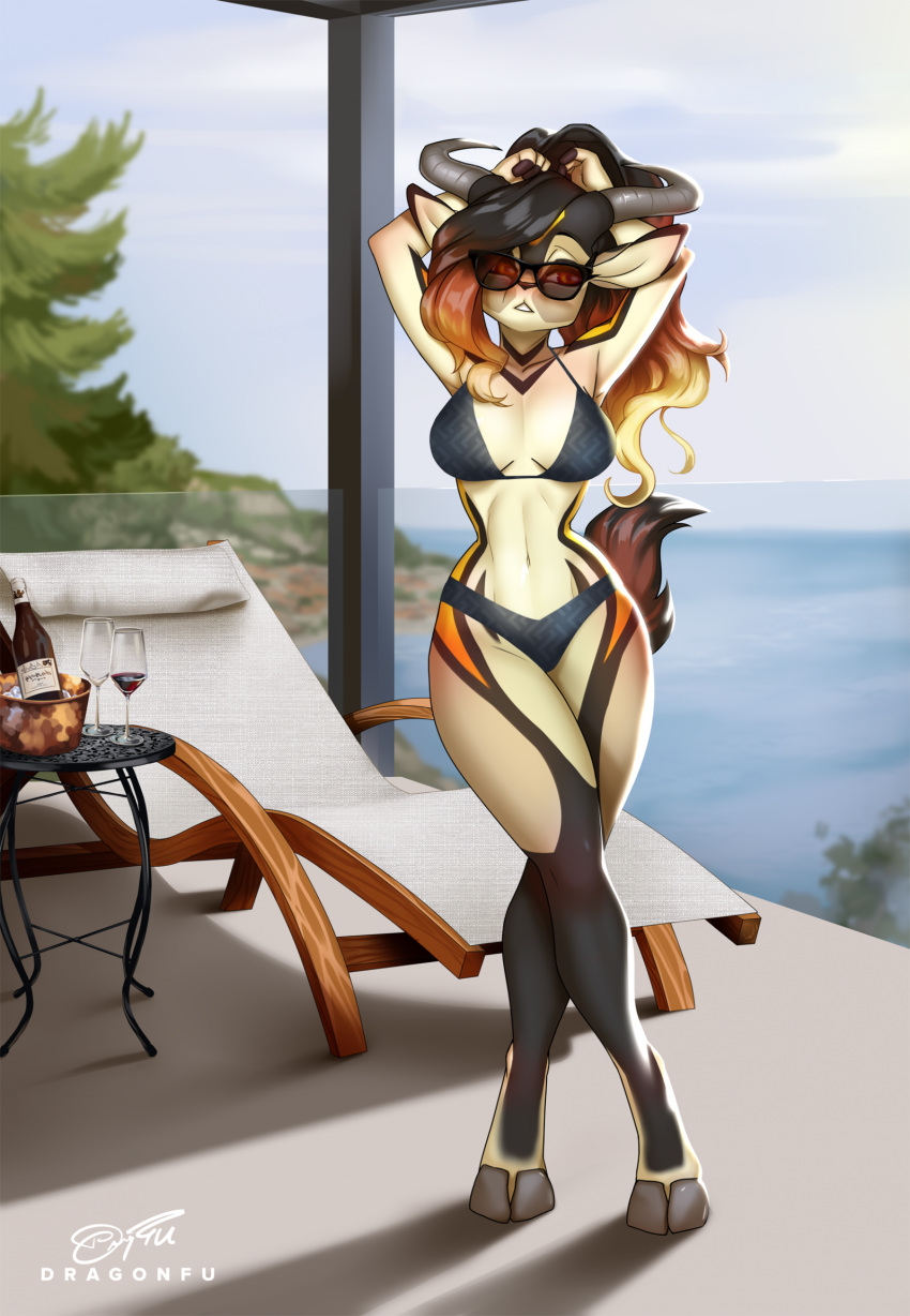 antelope anthro bikini bovid breasts clothing cloven_hooves dragonfu eyewear female gazelle gradient_hair hair hi_res hooves horn long_hair mammal navel outside solo standing sunglasses swimwear tail zahra_(airheart)