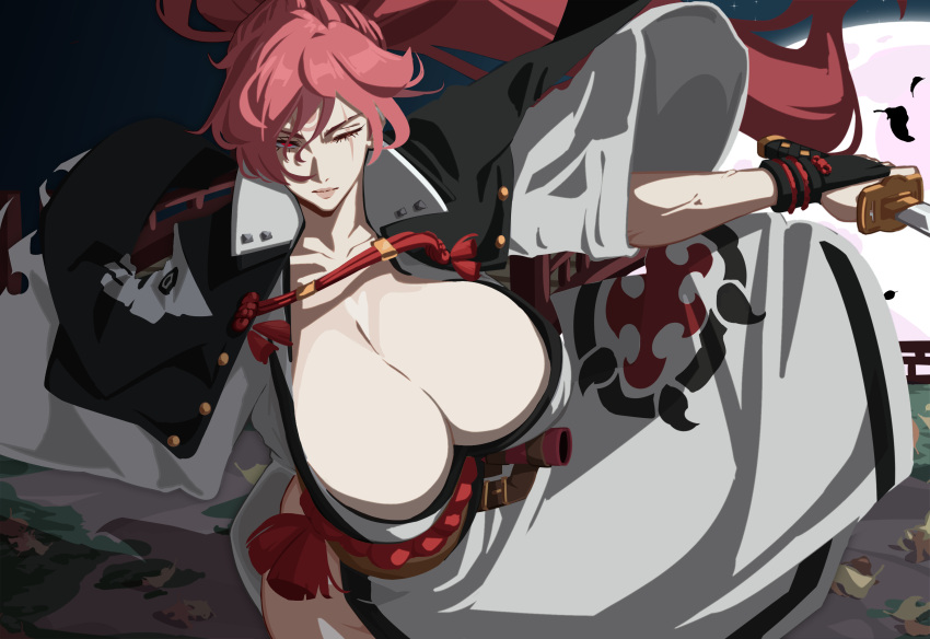 1girl absurdres alecto_0 amputee baiken big_hair black_kimono breasts cleavage guilty_gear guilty_gear_strive highres holding holding_sword holding_weapon huge_breasts japanese_clothes katana kimono multicolored_clothes multicolored_kimono one-eyed open_clothes open_kimono samurai scar scar_across_eye scar_on_face solo sword weapon