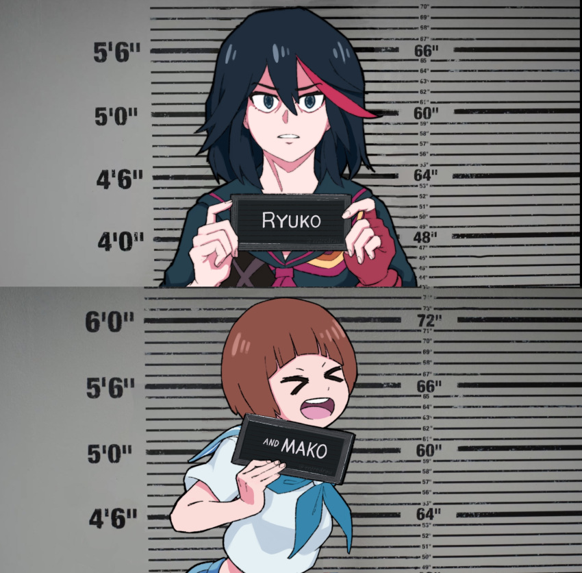 barbie_mugshot_(meme) bowl_cut delinquent erdraw excited highres kill_la_kill mankanshoku_mako matoi_ryuuko meme mugshot multicolored_hair nameplate senketsu short_hair streaked_hair two-tone_hair