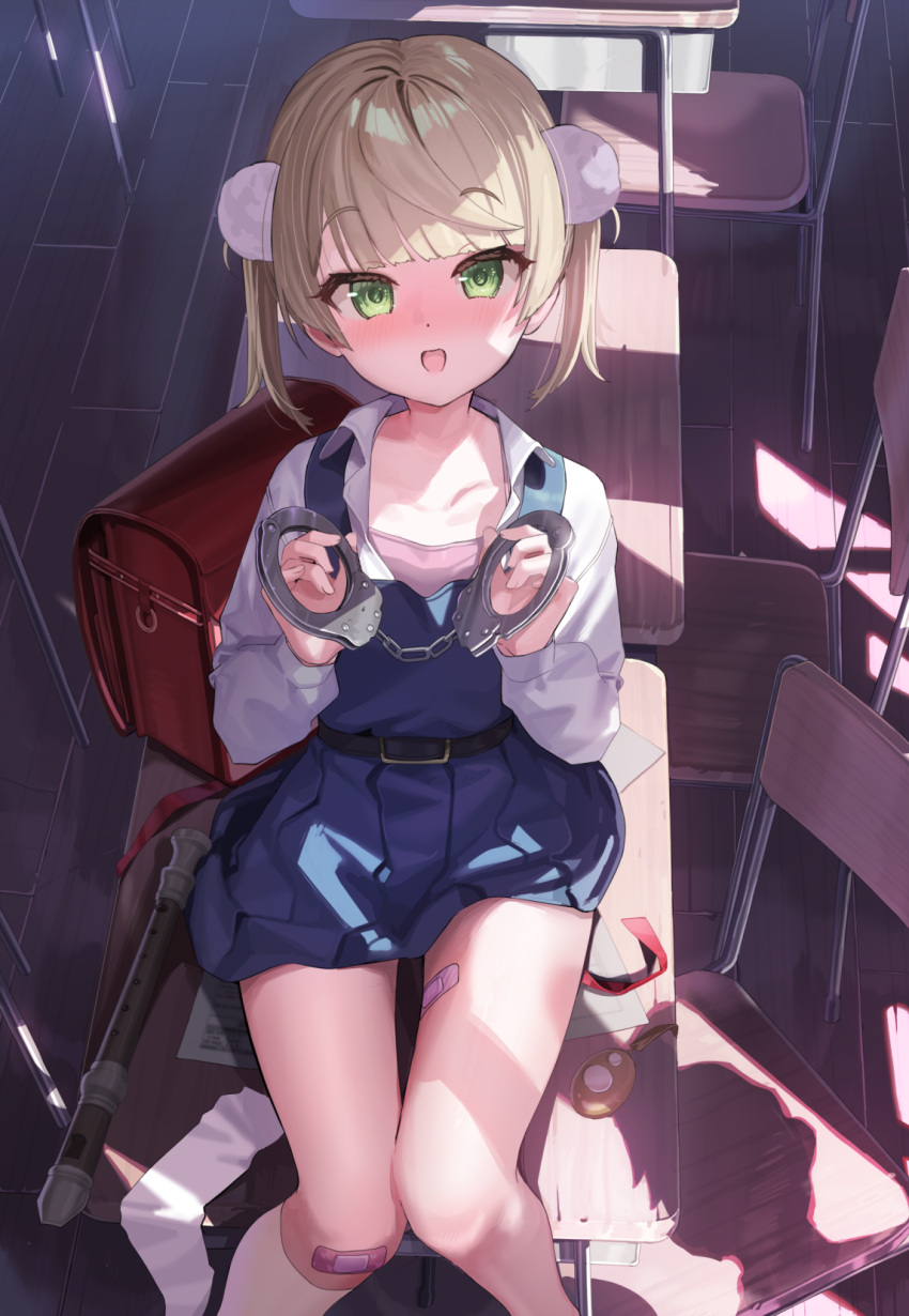 1girl aged_down backpack bag bandaid bandaid_on_knee bandaid_on_leg blonde_hair blue_dress blunt_bangs blush chair commentary_request crime_prevention_buzzer cuffs desk dress feet_out_of_frame flute green_eyes hair_ornament handcuffs hands_up highres holding holding_handcuffs indie_virtual_youtuber indoors instrument kanzarin kneehighs long_sleeves looking_at_viewer on_desk open_mouth pinafore_dress pleated_dress pom_pom_(clothes) pom_pom_hair_ornament randoseru red_bag school_chair school_desk school_uniform shigure_ui_(vtuber) shigure_ui_(young)_(vtuber) shirt short_hair single_sock sitting sleeveless sleeveless_dress smile socks solo unworn_socks virtual_youtuber white_shirt white_socks