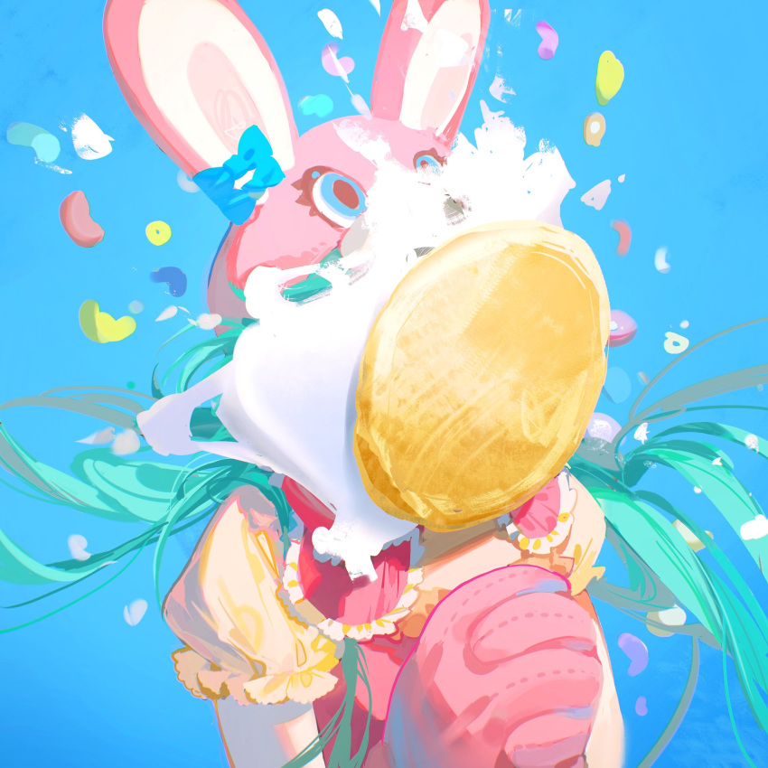 1girl animal_ears animal_hood aqua_hair blue_background blue_bow bow candy character_request check_character food gloves hatsune_miku highres hood in_the_face long_hair own_hands_together pie pie_in_face puffy_short_sleeves puffy_sleeves rabbit_ears rabbit_hood red_gloves rumoon short_sleeves simple_background solo twintails upper_body very_long_hair vocaloid