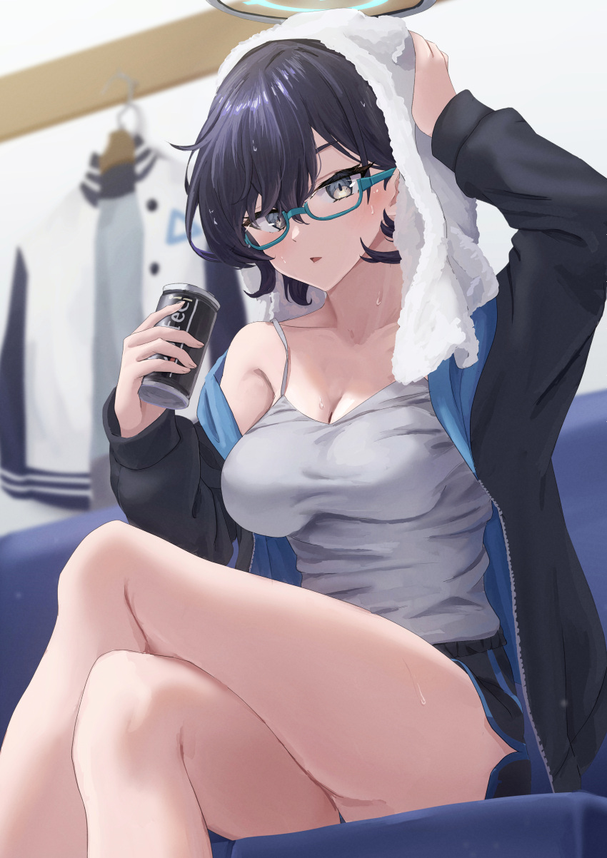 1girl absurdres after_bathing aqua-framed_eyewear arm_up black_hair black_jacket black_shorts blue_archive breasts camisole can canned_coffee chihiro_(blue_archive) cleavage clothes_hanger collarbone commentary_request couch crossed_legs dolphin_shorts glasses grey_camisole hair_between_eyes halo highres holding holding_can indoors jacket large_breasts long_sleeves on_couch open_clothes open_jacket parted_lips semi-rimless_eyewear short_hair shorts sidelocks single_bare_shoulder sitting solo towel towel_on_head under-rim_eyewear wet wet_hair yakishio