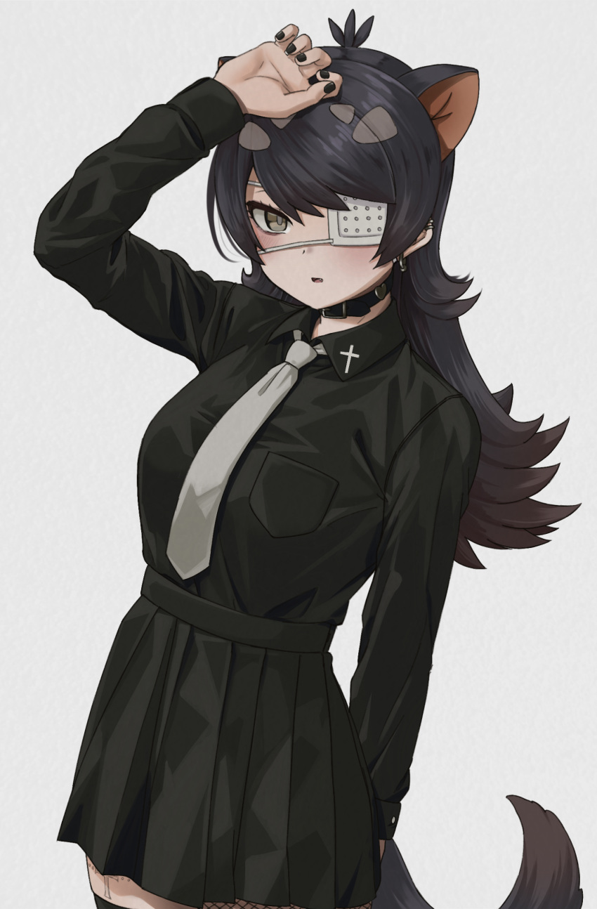 1girl arm_up australian_devil_(kemono_friends) bell black_collar black_nails black_shirt black_skirt breast_pocket breasts collar collared_shirt commentary_request cowboy_shot deku_suke ear_piercing empty_eyes extra_ears eyepatch grey_eyes grey_necktie hand_on_own_head highres kemono_friends long_hair long_sleeves looking_at_viewer medical_eyepatch medium_breasts nail_polish neck_bell necktie one_eye_covered open_mouth piercing pleated_skirt pocket shirt simple_background skirt solo tasmanian_devil_ears tasmanian_devil_tail wing_collar