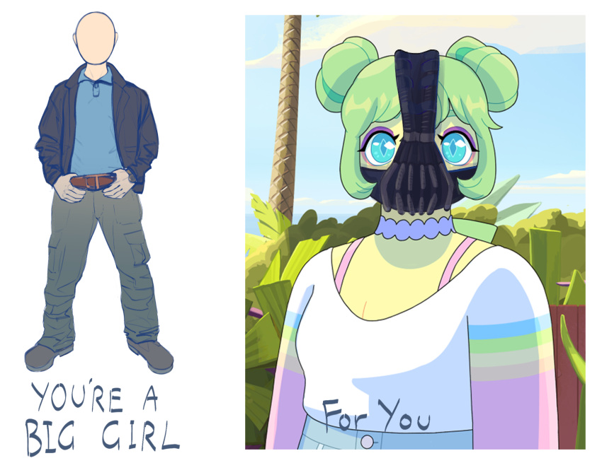 anon_(snoot_game) anthro bane_(dc) breasts clothed clothing colored crossover dc_comics dinosaur duo english_text faceless_character faceless_human female goodbye_volcano_high hi_res human ko_op male mammal meme ornithischian reptile scalie snoot_game stegosaurian stegosaurus stella_(gvh) text thyreophoran unknown_artist