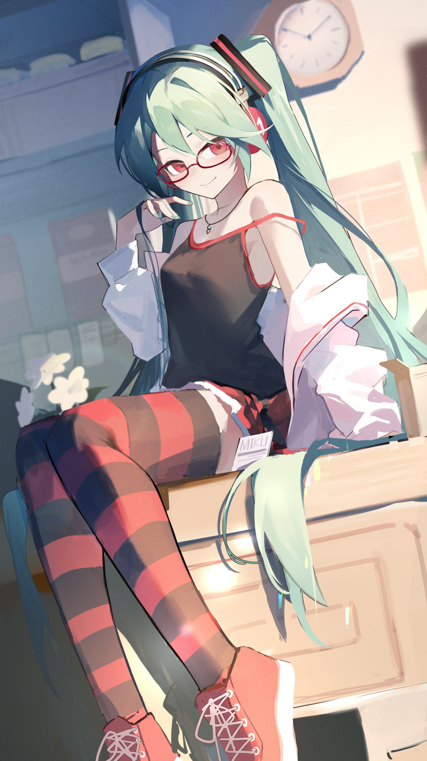 1girl absurdres bespectacled black_tank_top black_thighhighs breasts cabinet clock commentary flower glasses green_hair green_nails hatsune_miku headphones highres id_card indoors jacket jewelry jiu_ye_sang long_hair looking_at_viewer nail_polish natural_(module) necklace off_shoulder pleated_skirt red-framed_eyewear red_eyes red_footwear red_skirt red_thighhighs shoes sitting skirt small_breasts smile sneakers solo striped striped_thighhighs tank_top thighhighs vocaloid white_flower white_jacket