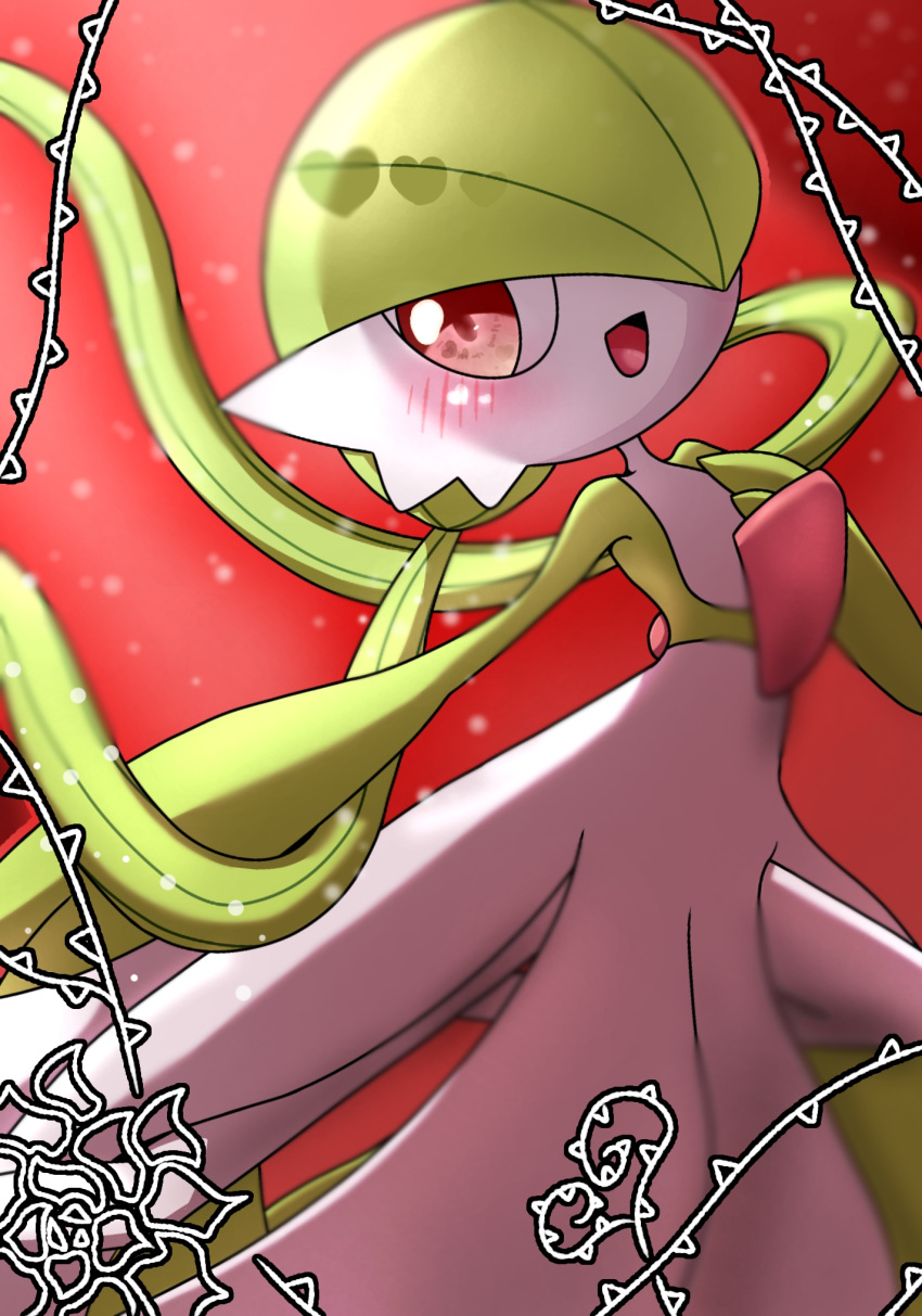 1girl alternate_hair_length alternate_hairstyle backlighting blurry blush depth_of_field flower gardevoir green_hair hair_over_one_eye hand_on_own_chest hand_up happy heart highres jumping leg_up light_particles long_hair looking_back one_eye_covered open_mouth outstretched_arm pokemon pokemon_(creature) red_background red_eyes rose simple_background smile solo thorns twintails very_long_hair yuri_(pixiv_76483886)