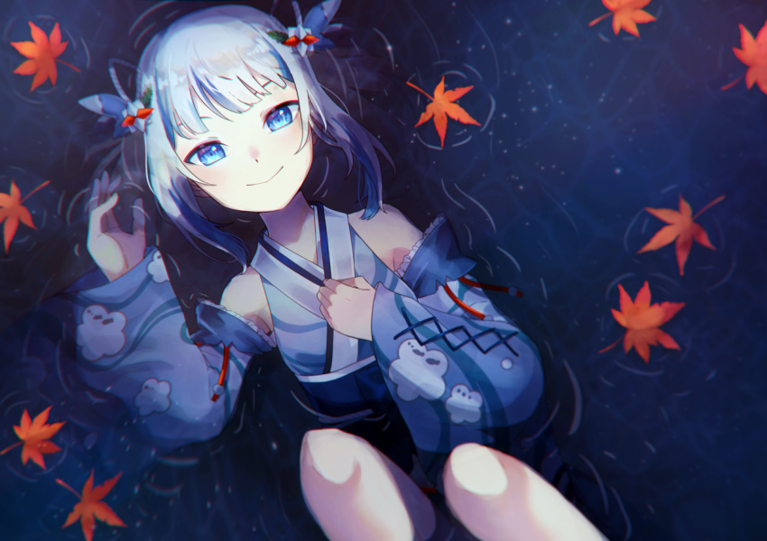 1girl autumn_leaves bare_shoulders blue_eyes blue_hair blue_kimono blue_sash blue_sleeves breasts closed_mouth commentary detached_sleeves falling_leaves feet_out_of_frame from_above gawr_gura hand_on_own_chest hand_up hololive hololive_english japanese_clothes kimono knees_up leaf long_sleeves looking_at_viewer lying maple_leaf multicolored_hair obi on_back partially_submerged print_kimono ripples sash short_kimono sidelocks sleeveless sleeveless_kimono small_breasts smile solo streaked_hair two-tone_hair two_side_up virtual_youtuber white_hair wide_sleeves ymirai