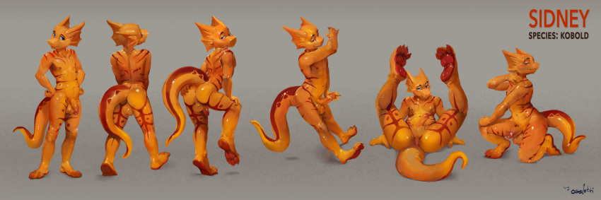 absurd_res anthro backsack balls closed_smile ear_frill erection flaccid frill_(anatomy) front_view genitals grey_background hi_res humanoid_genitalia humanoid_penis kobold looking_at_viewer lying male markings model_sheet mouth_closed narrowed_eyes nude on_back orange_balls orange_body orange_frill orange_penis orange_perineum orange_tail oselotti penis perineum pose presenting presenting_balls presenting_penis rear_view red_markings red_tail sidney_(konogisan) signature simple_background smile solo standing tail