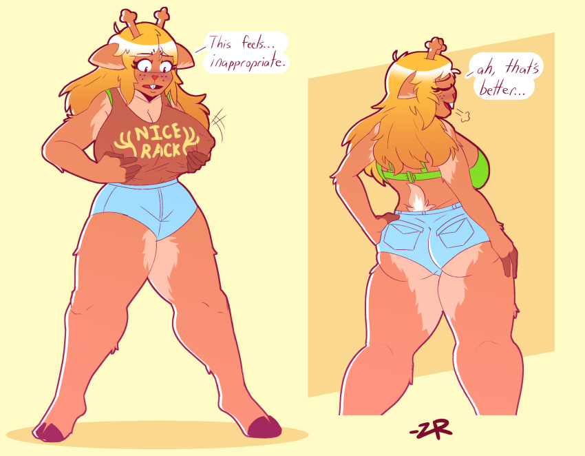 anthro antlers big_breasts big_butt blonde_hair breasts butt butt_shot clothed clothing cutfoffs deer deltarune english_text female hair hi_res hooves horn mammal noelle_holiday partially_clothed solo text undertale_(series) zixzs-redlight