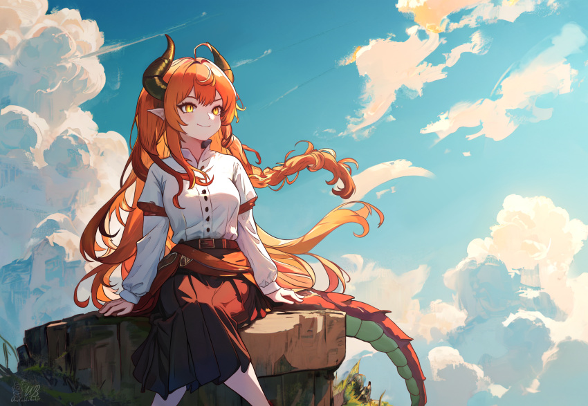 1girl absurdres ahoge blue_sky braid closed_mouth cloud day dragon_girl dragon_tail dress_shirt floating_hair highres horns layered_sleeves long_hair long_skirt long_sleeves orange_hair original outdoors pleated_skirt pointy_ears red_skirt shirt short_over_long_sleeves short_sleeves sitting skirt sky smile solo tail unstableboiler very_long_hair white_shirt yellow_eyes