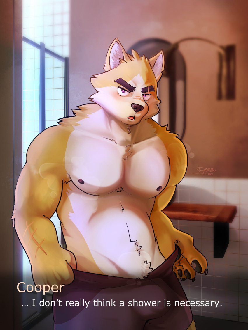 absurd_res anthro armpit_hair armpit_tuft barazoku bathroom blurred_background blush bodily_fluids body_hair bulge canid canine canis chest_tuft claws clothed clothing cooper_krager dark_nipples dialogue ear_tuft eyebrows facial_tuft fur genital_outline hi_res male male_focus mammal musclegut musk musk_clouds nipples nude pawpads pecs pubes purple_sclera remember_the_flowers scar seyy_nsfw smell smelly solo sweat tan_body tan_fur text thick_eyebrows tuft underwear visual_novel white_text wolf yellow_body yellow_fur