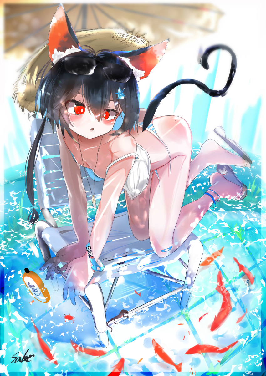 1girl absurdres all_fours animal_ear_fluff animal_ears anklet bandaid bandaid_on_leg beach_chair bikini black_hair blue_hair blurry blurry_background blush bottle bracelet breasts cat_ears cat_tail collarbone colored_inner_hair commentary_request feet fish flip-flops full_body hair_between_eyes hair_ornament hat highres jewelry koi legs long_hair mole multicolored_hair open_mouth original red_eyes sakusa_nn sandals shiny_skin side-tie_bikini_bottom small_breasts solo strap_slip straw_hat striped striped_bikini swimsuit tail thighs toes water whistle whistle_around_neck