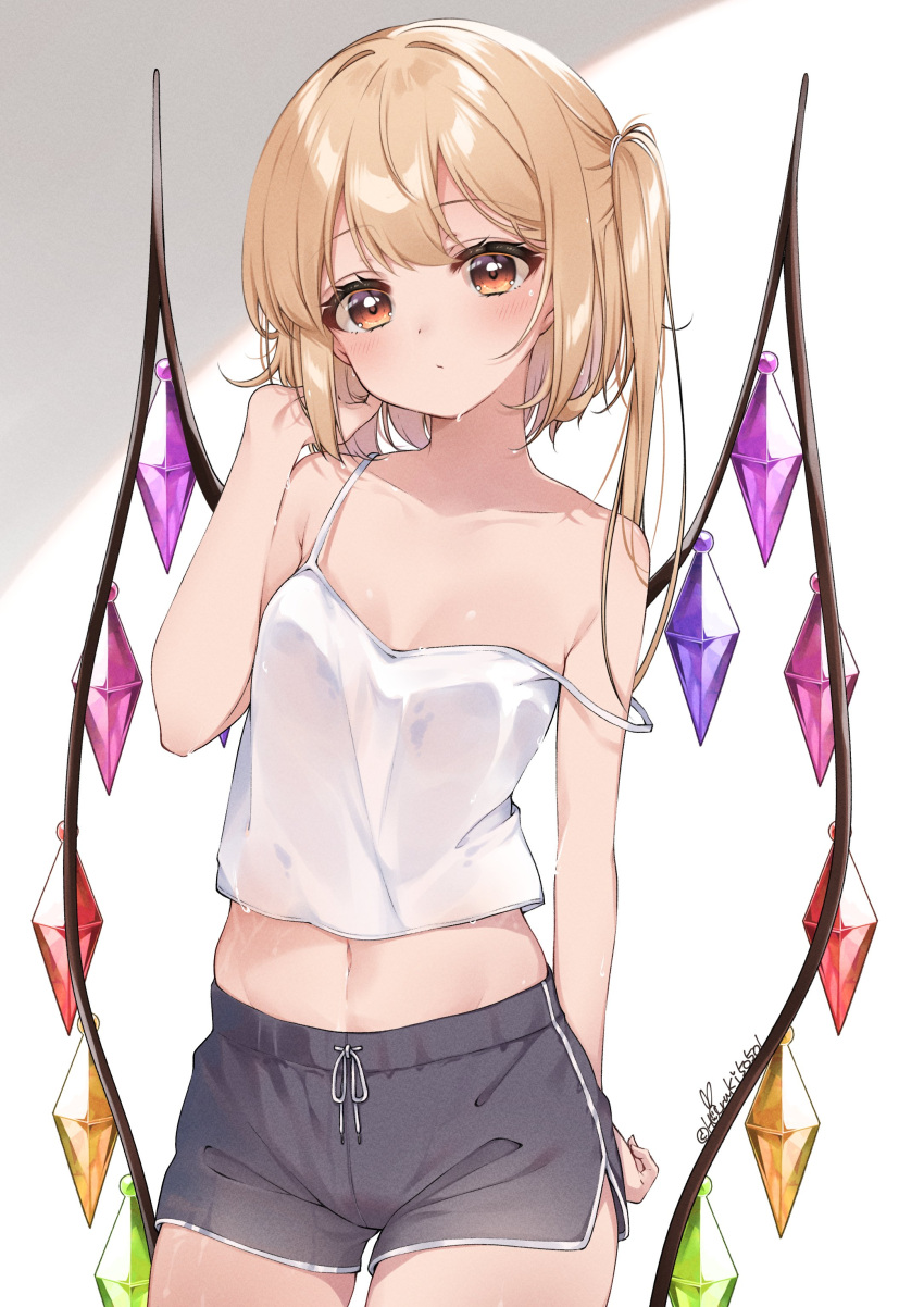 1girl absurdres alternate_costume black_shorts blonde_hair blush breasts camisole collarbone crystal dolphin_shorts flandre_scarlet haruki_(colorful_macaron) highres looking_at_viewer midriff navel one_side_up shorts side_slit small_breasts solo strap_slip touhou white_camisole wings