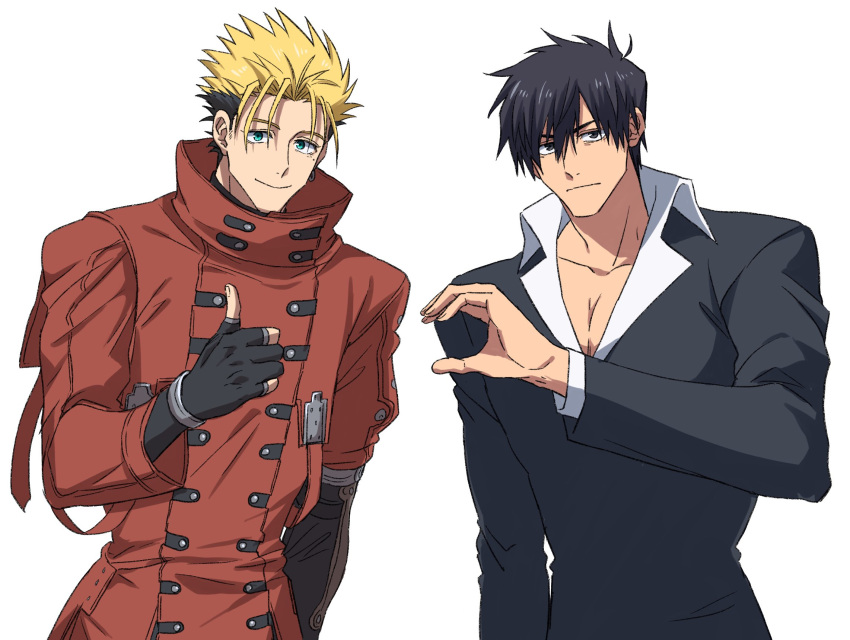 2boys akisyake23 black_eyes black_hair black_jacket blonde_hair blue_eyes closed_mouth coat collarbone collared_shirt cowboy_shot earrings hand_up heart_hands_failure highres jacket jewelry long_sleeves male_focus mole mole_under_eye multicolored_hair multiple_boys nicholas_d._wolfwood pectoral_cleavage pectorals red_coat shirt short_hair simple_background single_earring smile standing thumbs_up trigun two-tone_hair vash_the_stampede white_background white_shirt