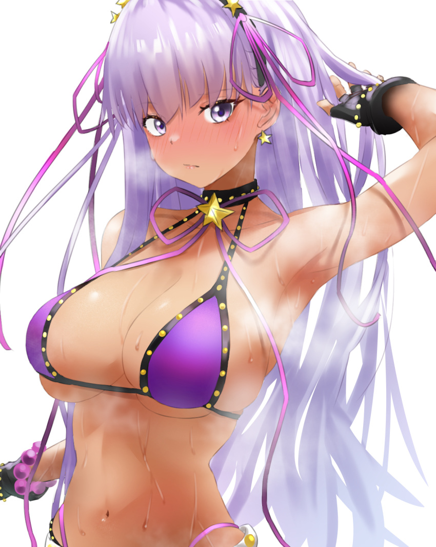 1girl armpits bare_shoulders bb_(fate) bb_(swimsuit_mooncancer)_(fate) bb_(swimsuit_mooncancer)_(second_ascension)_(fate) bead_bracelet beads bikini black_garter_belt black_gloves blush bracelet breasts earrings fate/grand_order fate_(series) fingerless_gloves garter_belt gloves gyaru hair_ornament hair_ribbon highres jewelry large_breasts lilcat long_hair looking_at_viewer navel nose_blush purple_bikini purple_eyes purple_hair purple_ribbon ribbon solo star_(symbol) star_earrings star_hair_ornament studded_garter_belt sweat swimsuit tan upper_body very_long_hair