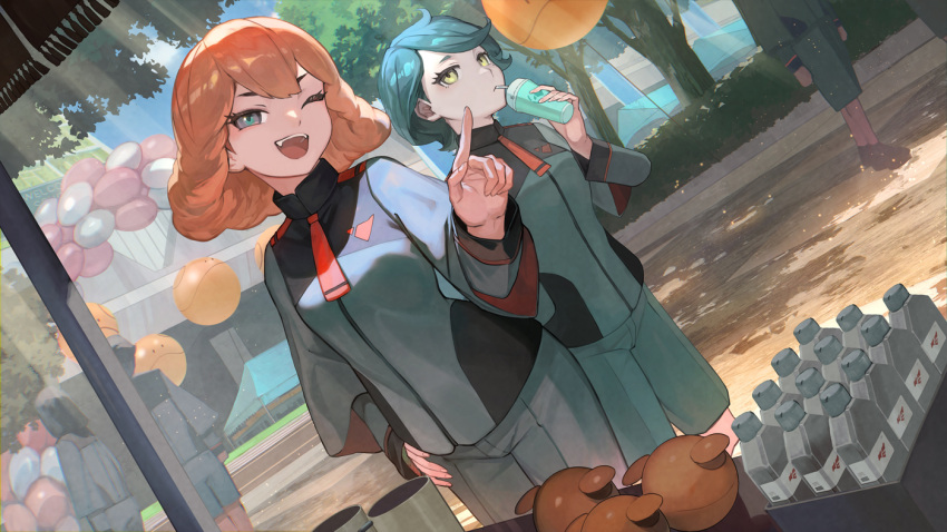2girls asticassia_school_uniform balloon blue_eyes blue_hair bottle cup day drinking drinking_straw fang green_eyes gundam gundam_suisei_no_majo hand_on_own_hip haro holding holding_cup index_finger_raised jacket lack long_sleeves looking_at_viewer multiple_girls norea_du_noc official_art one_eye_closed open_mouth outdoors red_hair school_uniform short_hair smile sophie_pulone tree