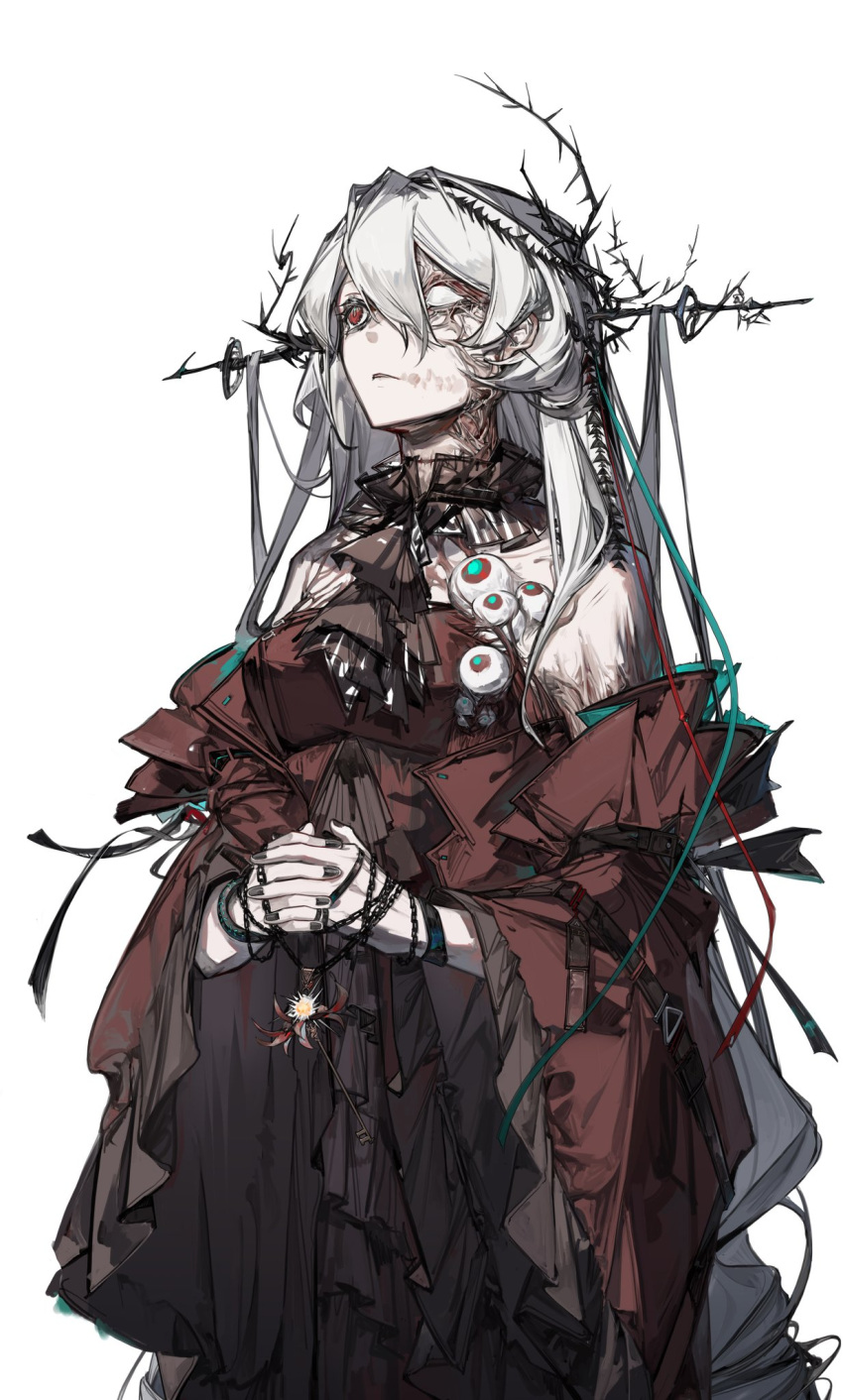 1girl arknights ascot bare_shoulders black_ascot black_nails blank_eyes body_horror closed_mouth detached_sleeves dongsheng dress extra_eyes eyeball hair_between_eyes headgear highres holding holding_jewelry holding_necklace infection_monitor_(arknights) interlocked_fingers jewelry key_necklace long_hair looking_afar monster_girl monsterification necklace parted_lips red_dress red_eyes simple_background skadi_(arknights) skadi_the_corrupting_heart_(arknights) solo very_long_hair white_background white_hair